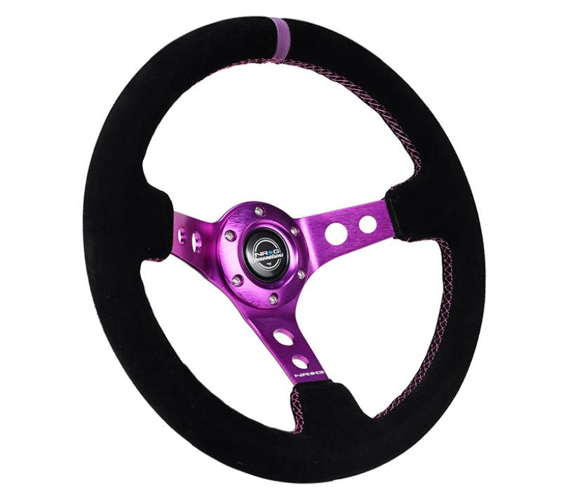 NRG Reinforced Steering Wheel (350mm / 3in. Deep) Black Suede w/Purple Center & Purple Stitching - Torque Motorsport