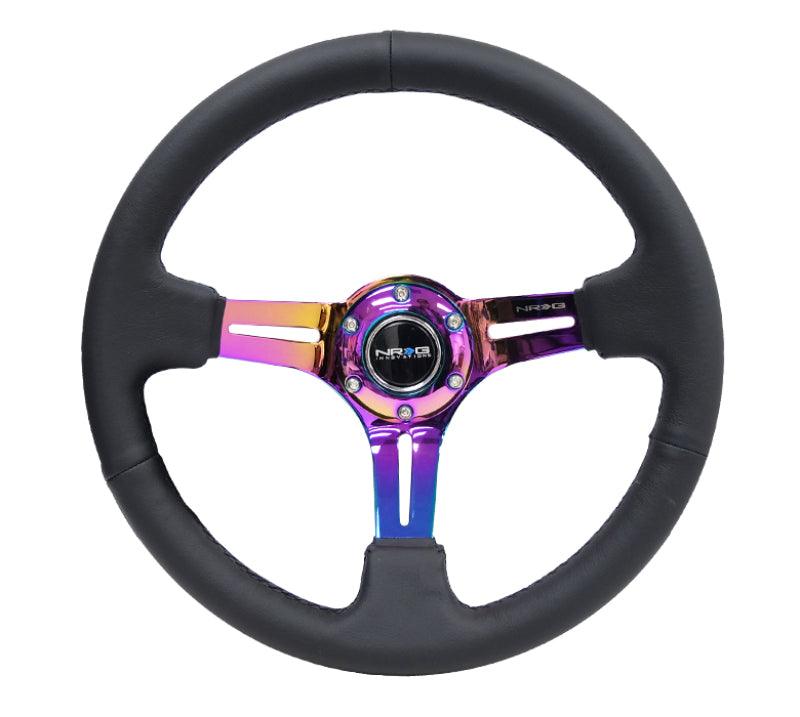 NRG Reinforced Steering Wheel (350mm / 3in. Deep) Blk Leather/Blk Stitch w/Neochrome Slits - Torque Motorsport