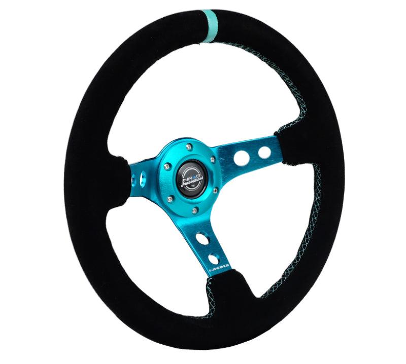 NRG Reinforced Steering Wheel (350mm/ 3in. Deep) Black Suede/ Teal Center Mark/ Teal Stitching - Torque Motorsport