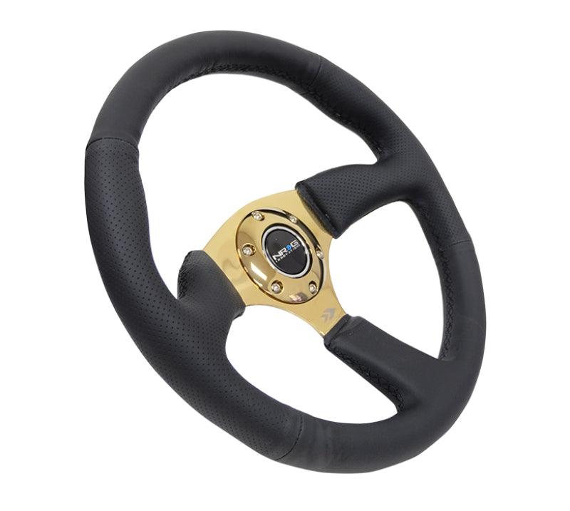 NRG Reinforced Steering Wheel (350mm / 2.5in. Deep) Leather Race Comfort Grip w/4mm Gold Spokes - Torque Motorsport