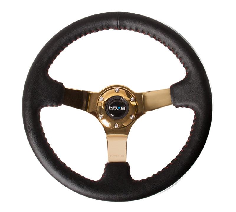 NRG Reinforced Steering Wheel (350mm / 3in. Deep) Blk Leather/Red BBall Stitch w/4mm Gold Spokes - Torque Motorsport