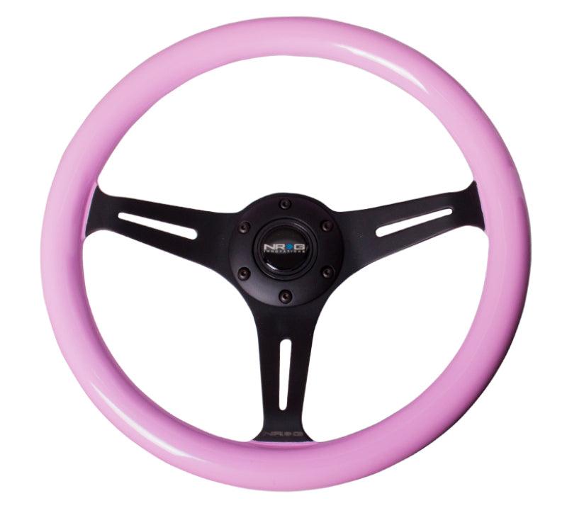 NRG Classic Wood Grain Steering Wheel (350mm) Solid Pink Painted Grip w/Black 3-Spoke Center - Torque Motorsport