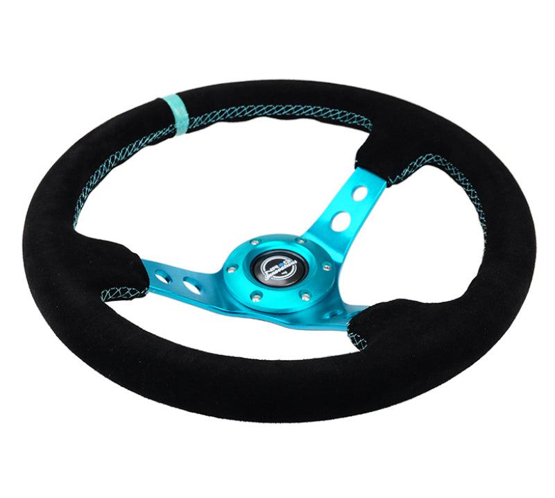 NRG Reinforced Steering Wheel (350mm/ 3in. Deep) Black Suede/ Teal Center Mark/ Teal Stitching - Torque Motorsport