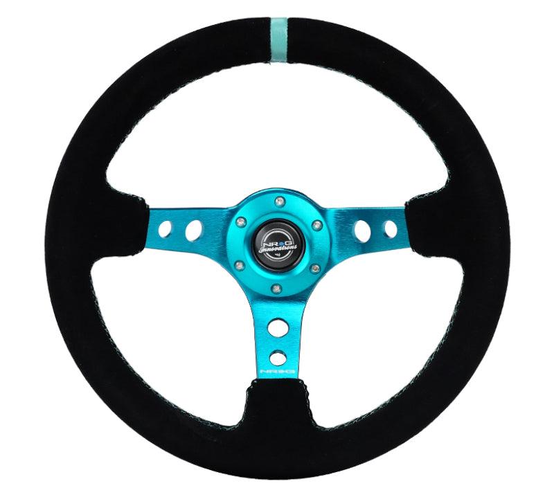 NRG Reinforced Steering Wheel (350mm/ 3in. Deep) Black Suede/ Teal Center Mark/ Teal Stitching - Torque Motorsport