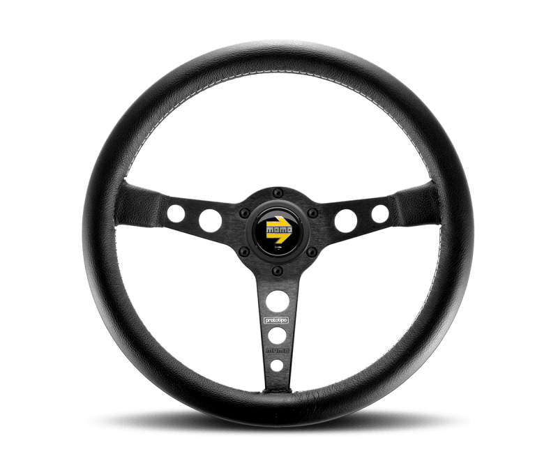 Momo Prototipo Steering Wheel 350 mm - Black Leather/Wht Stitch/Black Spokes - Torque Motorsport