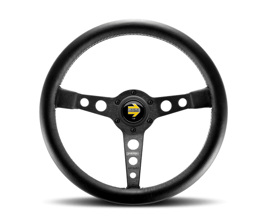 Momo Prototipo Steering Wheel 350 mm - Black Leather/Wht Stitch/Black Spokes - Torque Motorsport