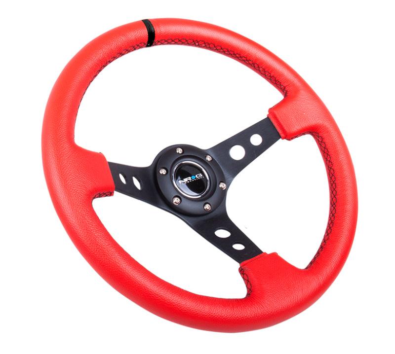 NRG Reinforced Steering Wheel (350mm / 3in. Deep) Red Suede w/Blk Circle Cutout Spokes - Torque Motorsport