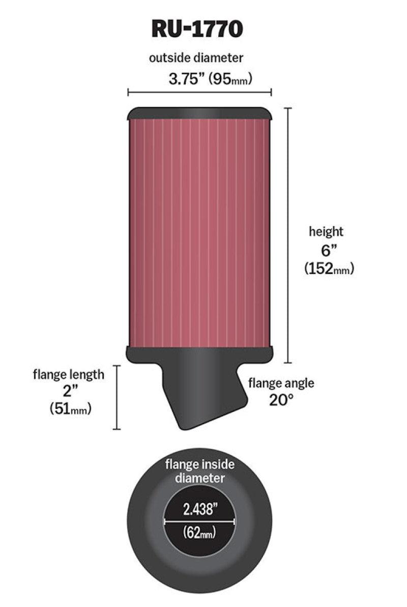 K&N Filter Universal Rubber Filter 2 7/16 inch 20 Degree Flange 3 3/4 inch OD 6 inch Height - Torque Motorsport