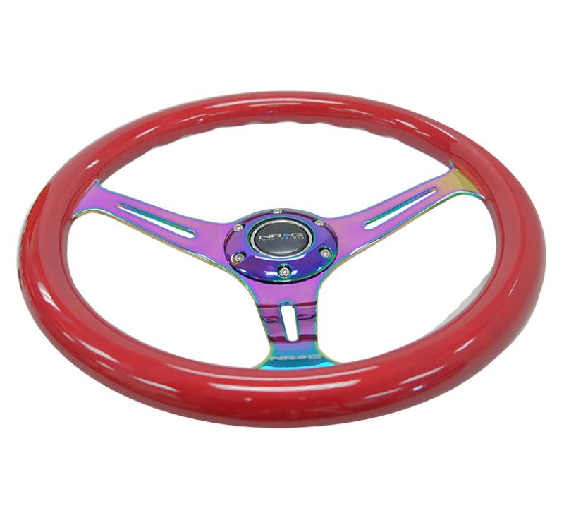 NRG Classic Wood Grain Steering Wheel (350mm) Red Grip w/Neochrome 3-Spoke Center - Torque Motorsport