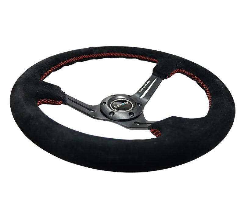 NRG Reinforced Steering Wheel (350mm / 3in. Deep) Blk Suede w/Red Stitching & 5mm Spokes w/Slits - Torque Motorsport