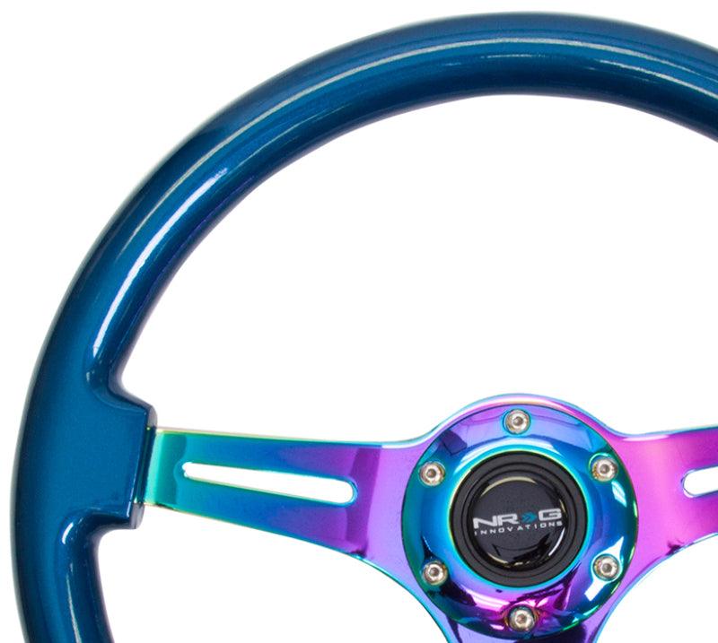 NRG Classic Wood Grain Steering Wheel (350mm) Blue Pearl/Flake Paint w/Neochrome 3-Spoke Center - Torque Motorsport