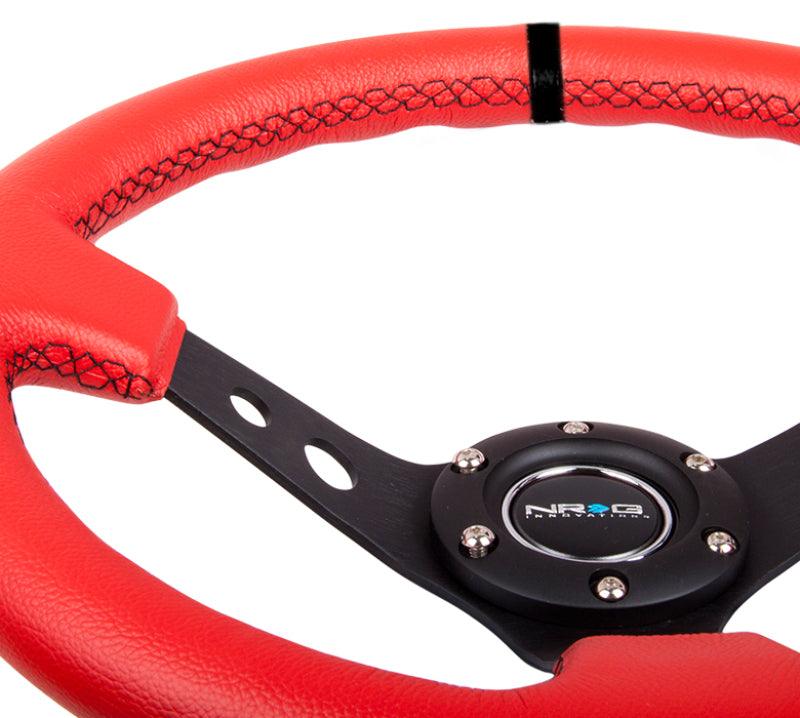 NRG Reinforced Steering Wheel (350mm / 3in. Deep) Red Suede w/Blk Circle Cutout Spokes - Torque Motorsport