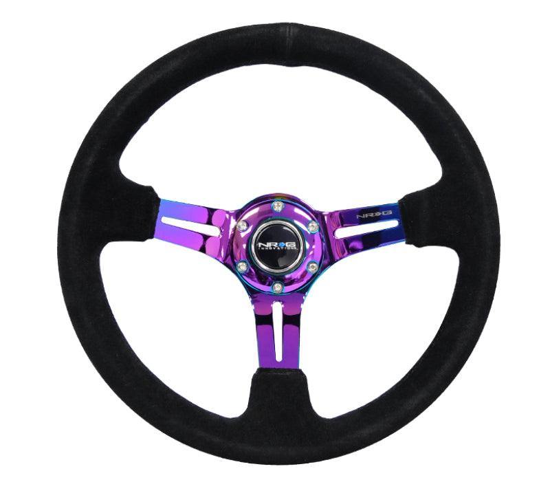 NRG Reinforced Steering Wheel (350mm / 3in. Deep) Blk Suede/Blk Stitch w/Neochrome Slits - Torque Motorsport