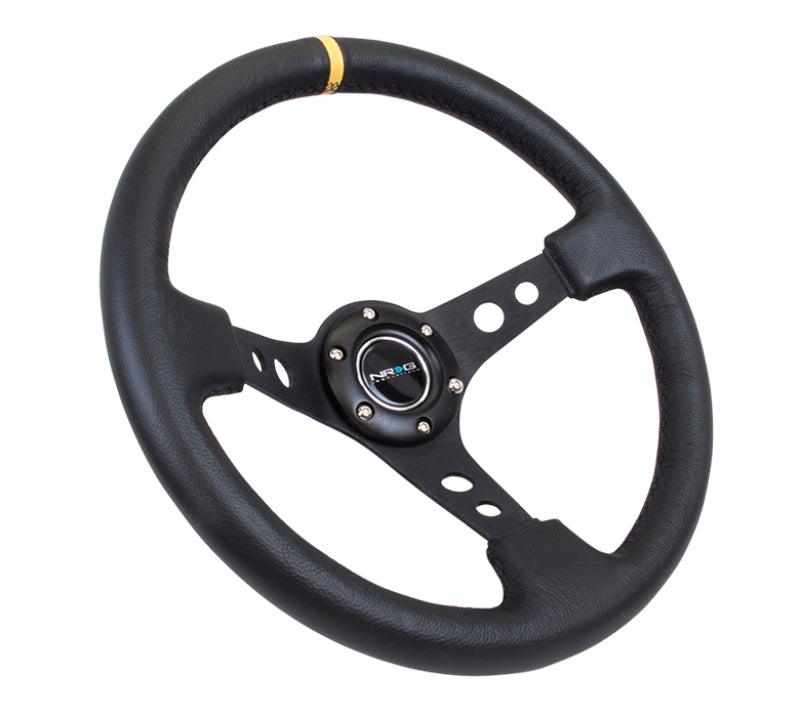 NRG Reinforced Steering Wheel (350mm / 3in. Deep) Blk Leather w/Blk Cutout Spoke/Yellow Center Mark - Torque Motorsport