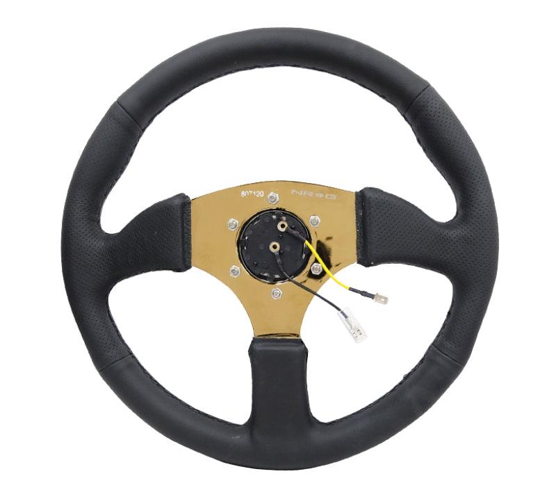 NRG Reinforced Steering Wheel (350mm / 2.5in. Deep) Leather Race Comfort Grip w/4mm Gold Spokes - Torque Motorsport