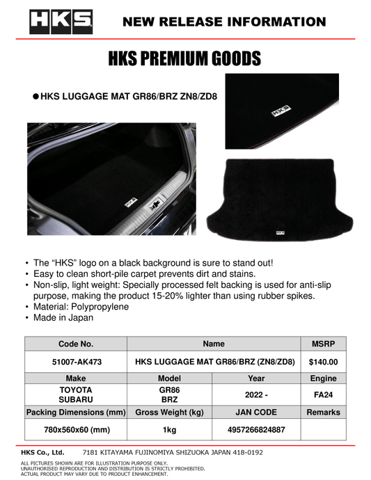 HKS GR86/BRZ (ZN8/ZD8) Luggage Mat - Torque Motorsport