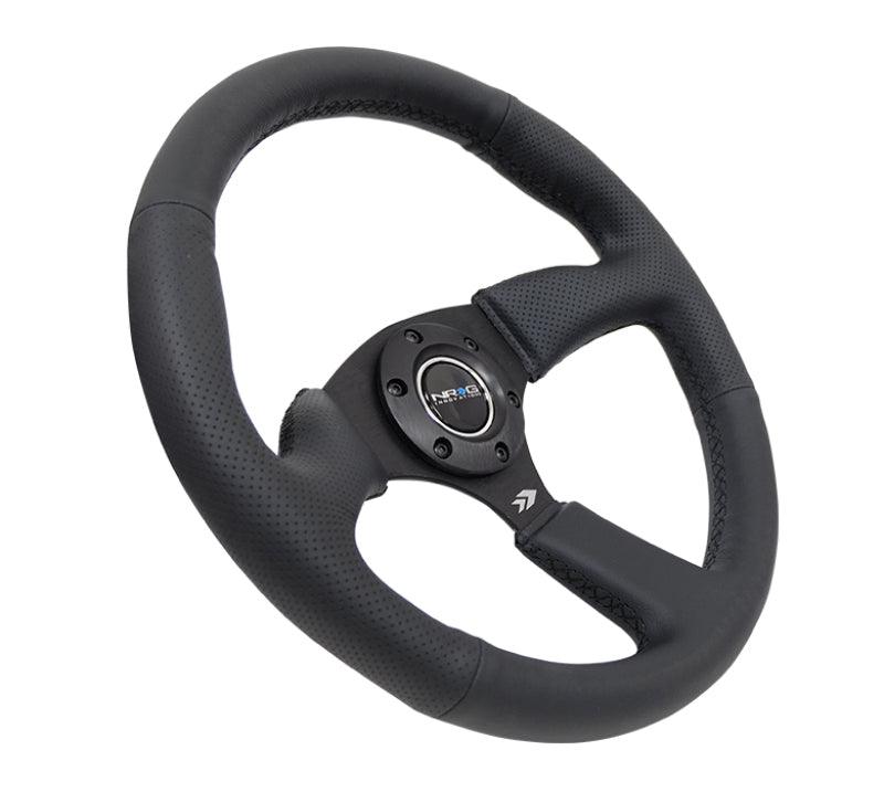 NRG Reinforced Steering Wheel (350mm / 2.5in. Deep) Blk Leather Comfort Grip w/5mm Matte Blk Spokes - Torque Motorsport