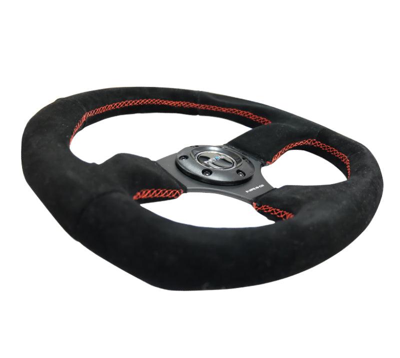 NRG Reinforced Steering Wheel (320mm Horizontal / 330mm Vertical) Suede w/Red Stitch - Torque Motorsport