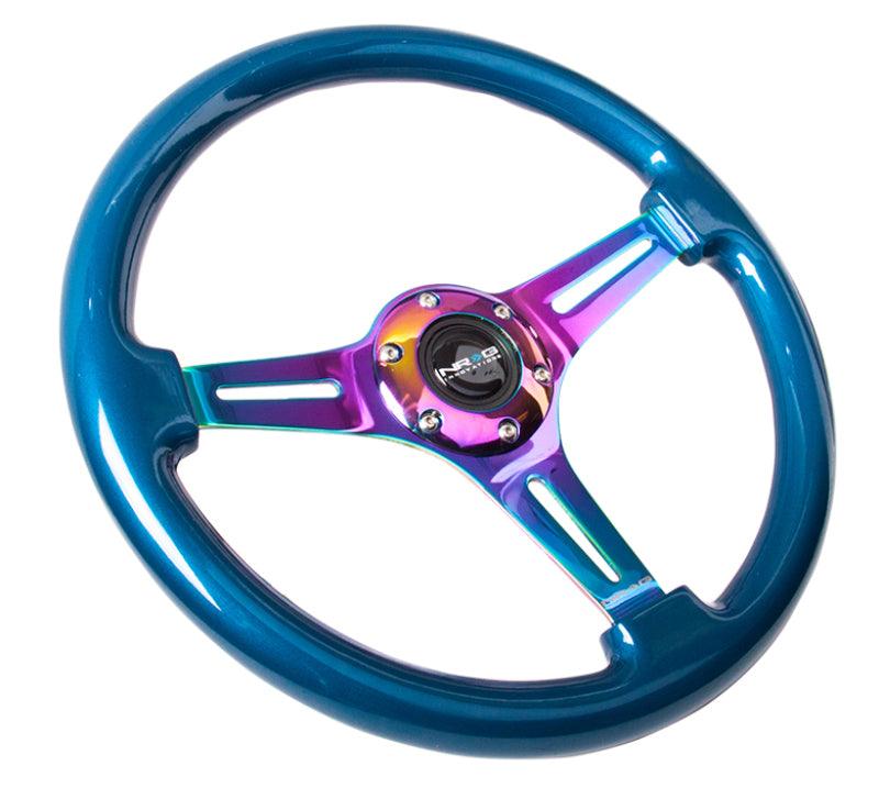 NRG Classic Wood Grain Steering Wheel (350mm) Blue Pearl/Flake Paint w/Neochrome 3-Spoke Center - Torque Motorsport