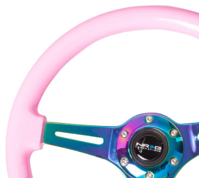 NRG Classic Wood Grain Steering Wheel (350mm) Solid Pink Painted Grip w/Neochrome 3-Spoke Center - Torque Motorsport