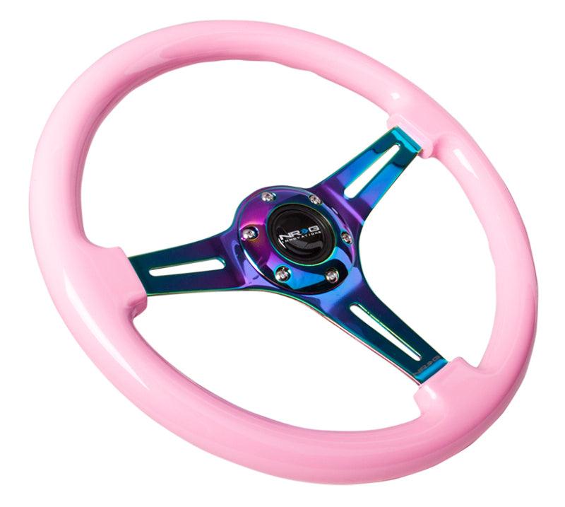 NRG Classic Wood Grain Steering Wheel (350mm) Solid Pink Painted Grip w/Neochrome 3-Spoke Center - Torque Motorsport