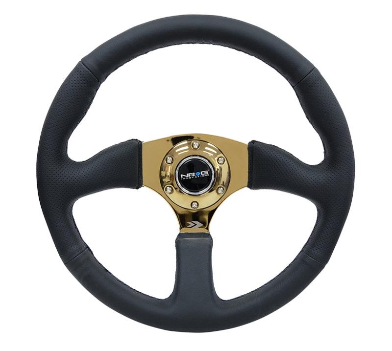 NRG Reinforced Steering Wheel (350mm / 2.5in. Deep) Leather Race Comfort Grip w/4mm Gold Spokes - Torque Motorsport