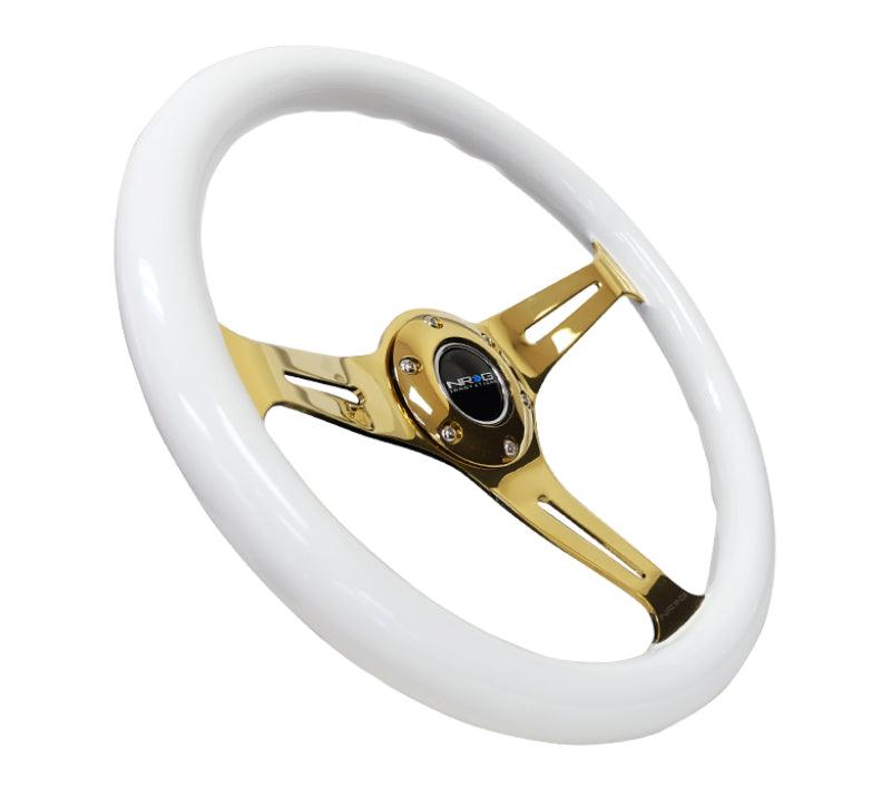 NRG Classic Wood Grain Steering Wheel (350mm) White Grip w/Chrome Gold 3-Spoke Center - Torque Motorsport