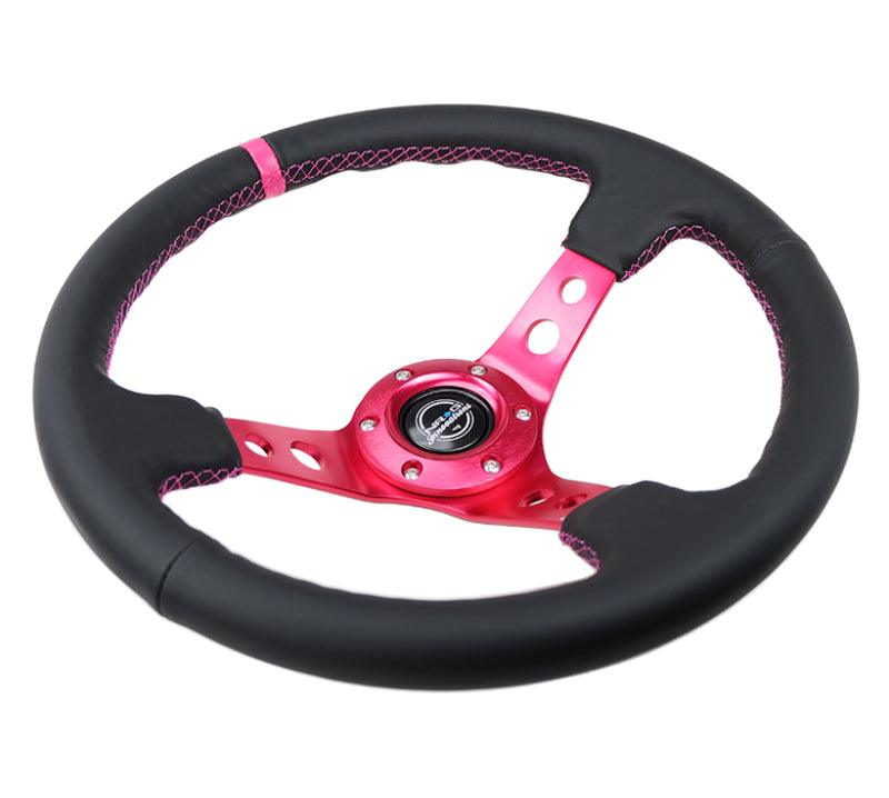 NRG Reinforced Steering Wheel (350mm/3in. Deep) Black Leather/ Fushia Center Mark/ Fushia Stitching - Torque Motorsport