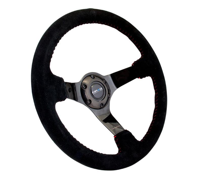 NRG Reinforced Steering Wheel (350mm / 3in. Deep) Blk Suede w/Red BBall Stitch & Black 3-Spoke - Torque Motorsport