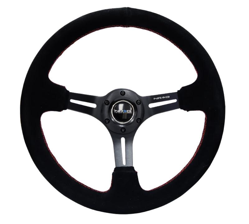 NRG Reinforced Steering Wheel (350mm / 3in. Deep) Blk Suede w/Red Stitching & 5mm Spokes w/Slits - Torque Motorsport