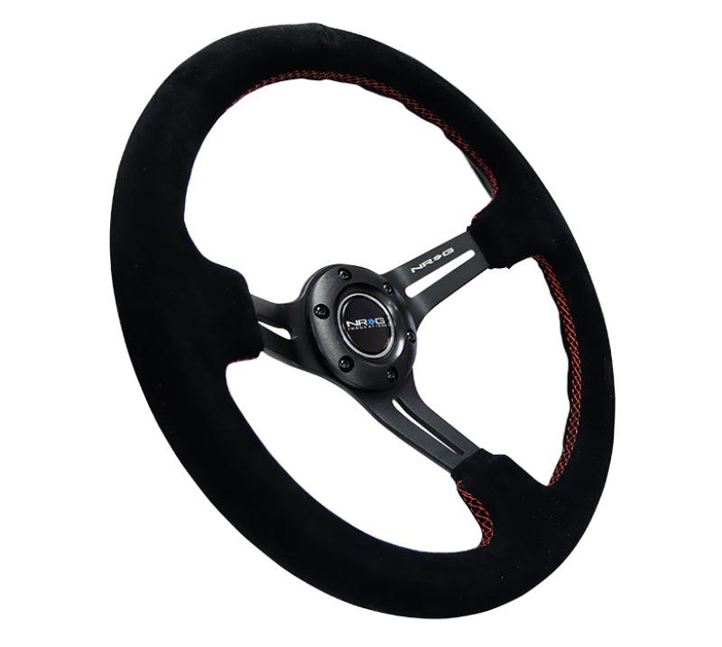 NRG Reinforced Steering Wheel (350mm / 3in. Deep) Blk Suede w/Red Stitching & 5mm Spokes w/Slits - Torque Motorsport