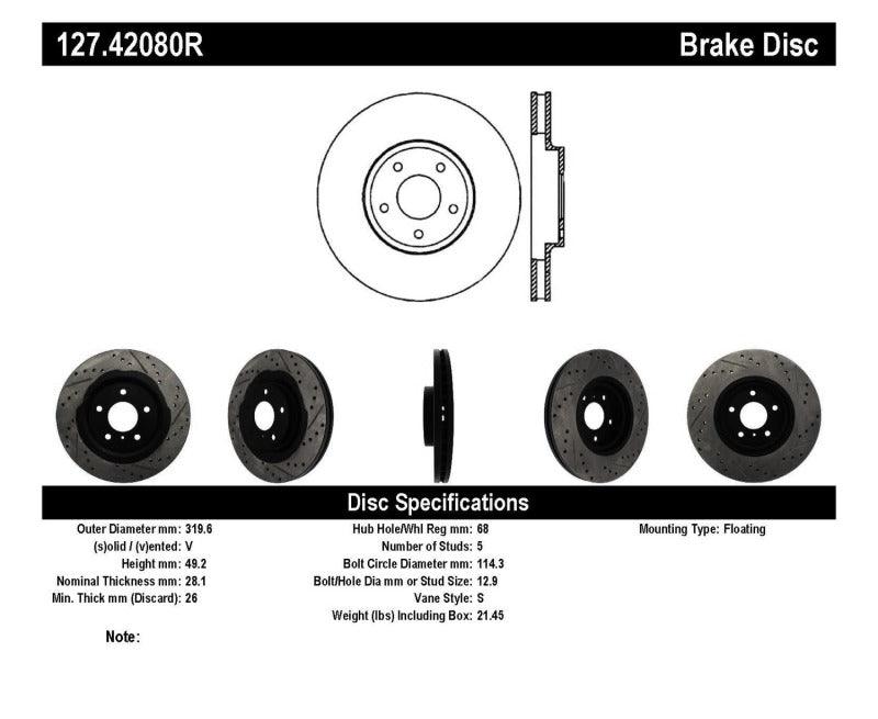 StopTech 06-07 350Z / 05-07 G35 exp Sport/ 06-07 G35X SportStop Slotted & Drilled Front Right Rotor - Torque Motorsport