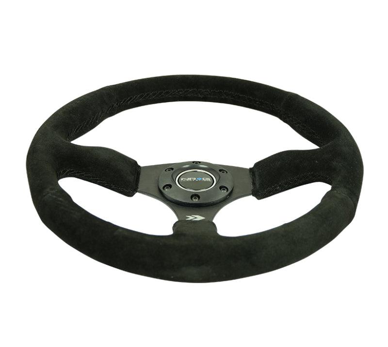 NRG Reinforced Steering Wheel (350mm / 2.5in. Deep) Blk Suede Comfort Grip w/5mm Matte Blk Spokes - Torque Motorsport