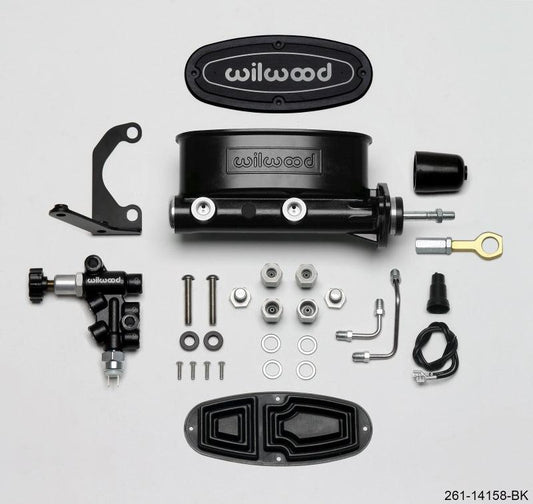 Wilwood HV Tandem M/C Kit w L/H Bracket & Prop Valve - 15/16in Bore Black-W/Push. - Early Mustang - Torque Motorsport