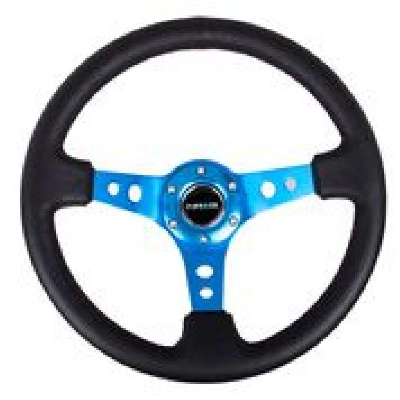 NRG Reinforced Steering Wheel (350mm / 3in. Deep) Blk Leather w/Blue Circle Cutout Spokes - Torque Motorsport